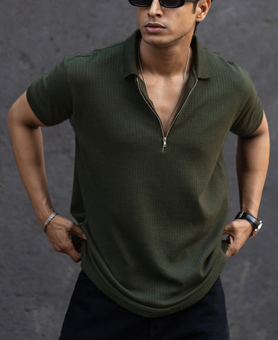 Dark Green Structured Half Sleeves Zipper T Shirt