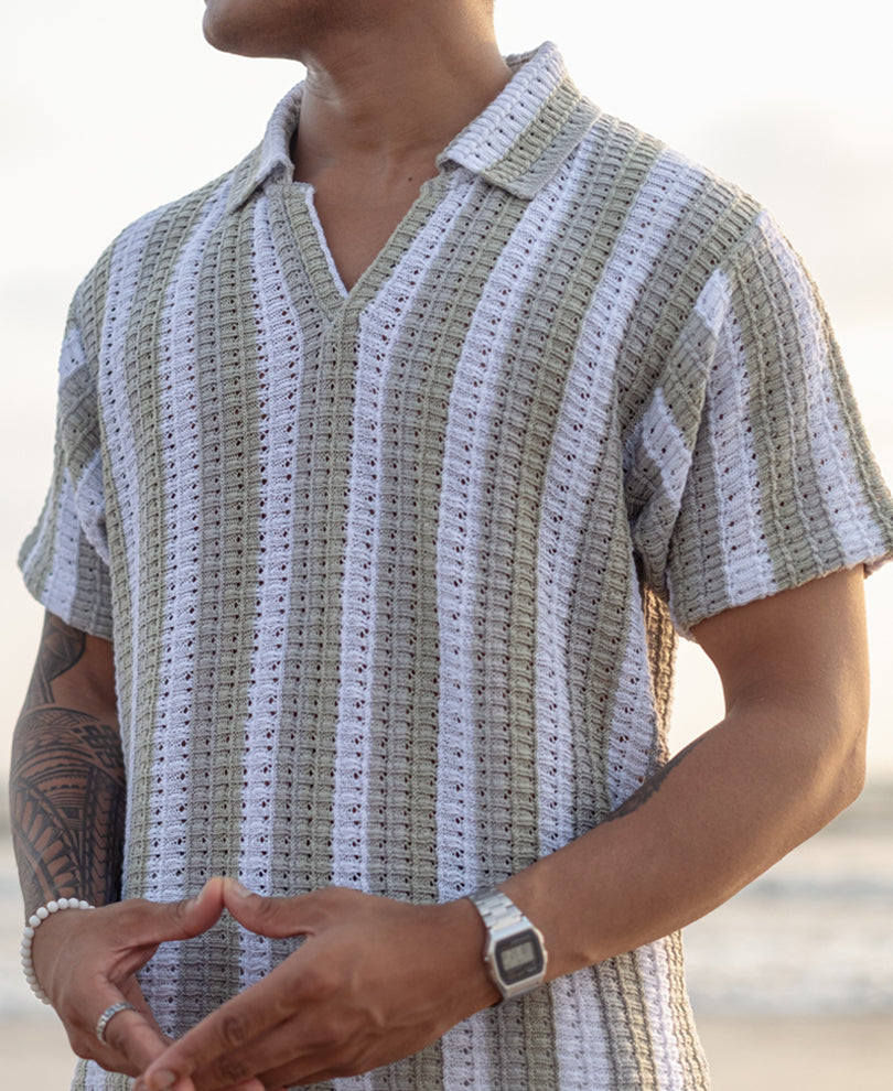 White and Green Crochet Striped Regular Half Sleeves T Shirt