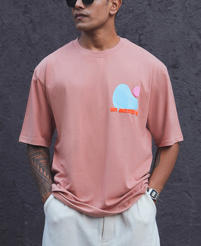 Peach Colourblock Printed Oversized Half Sleeves T Shirt