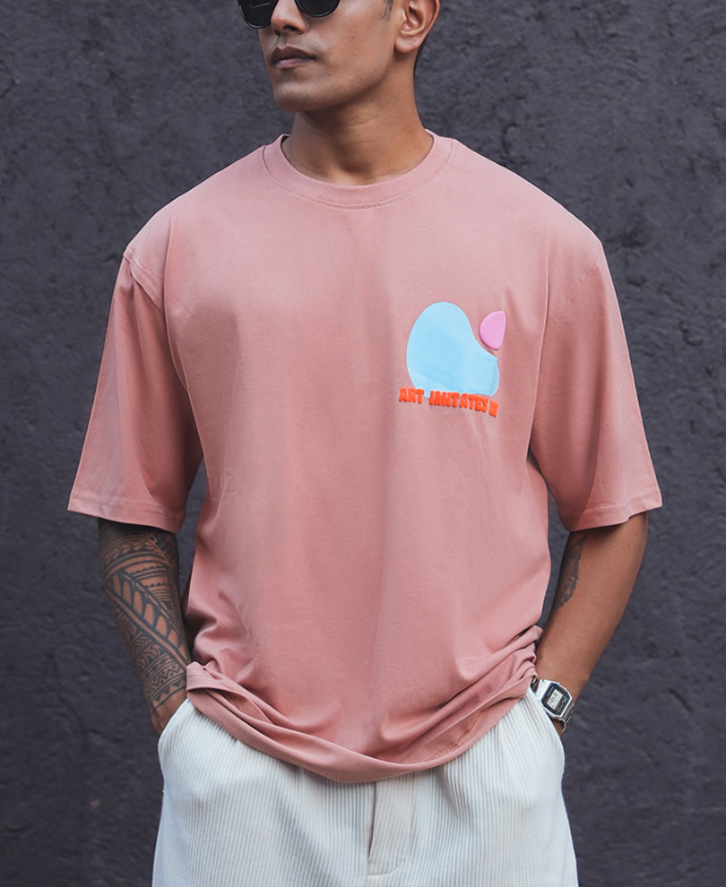 Peach Colourblock Printed Oversized Half Sleeves T Shirt