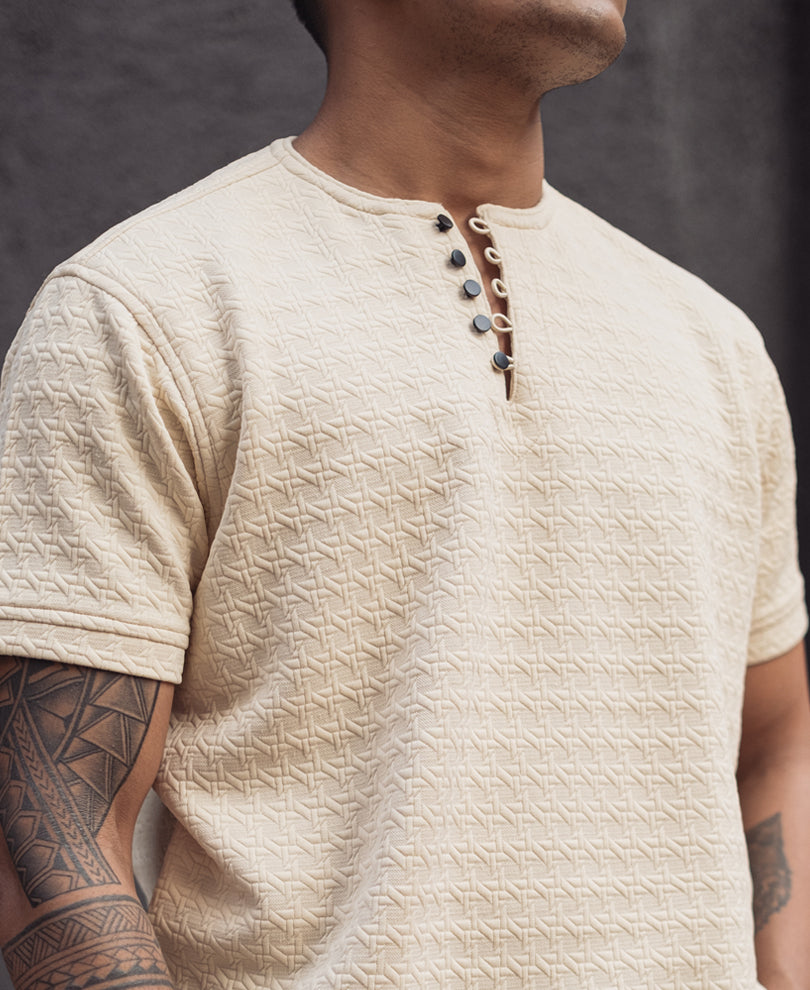 Cream Structured Regular Half Sleeves T Shirt
