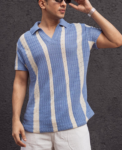 Sky Blue and White Structured Striped Half Sleeves T Shirt