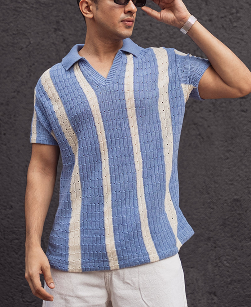 Sky Blue and White Structured Striped Half Sleeves T Shirt