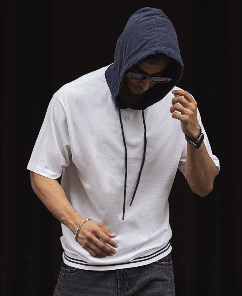 Off White and Navy Blue Oversized Half Sleeves Hoodie T Shirt