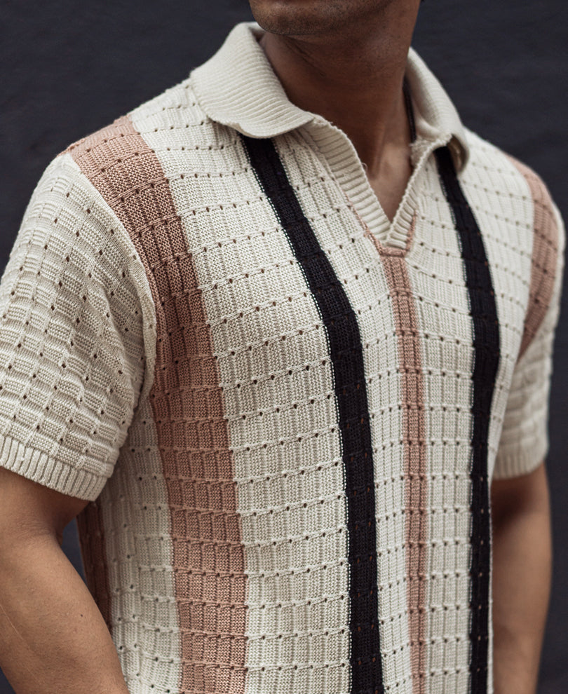 Off White and Beige Crochet Striped Regular Half Sleeves T Shirt
