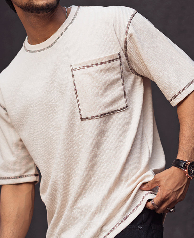 Cream Contrast Stitch Oversize Drop Shoulder T Shirt