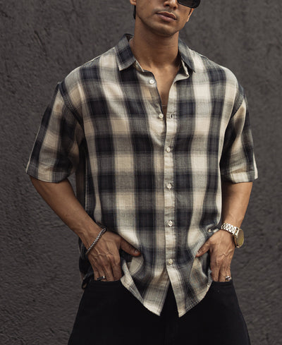 Black and White Checks Back Printed Oversized Half Sleeves Shirt