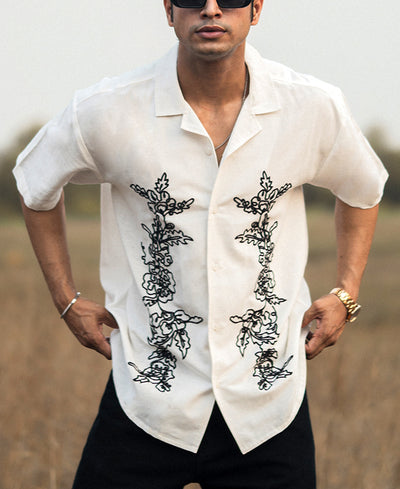 Off White Structured Embroidery Oversized Half Sleeves Shirt