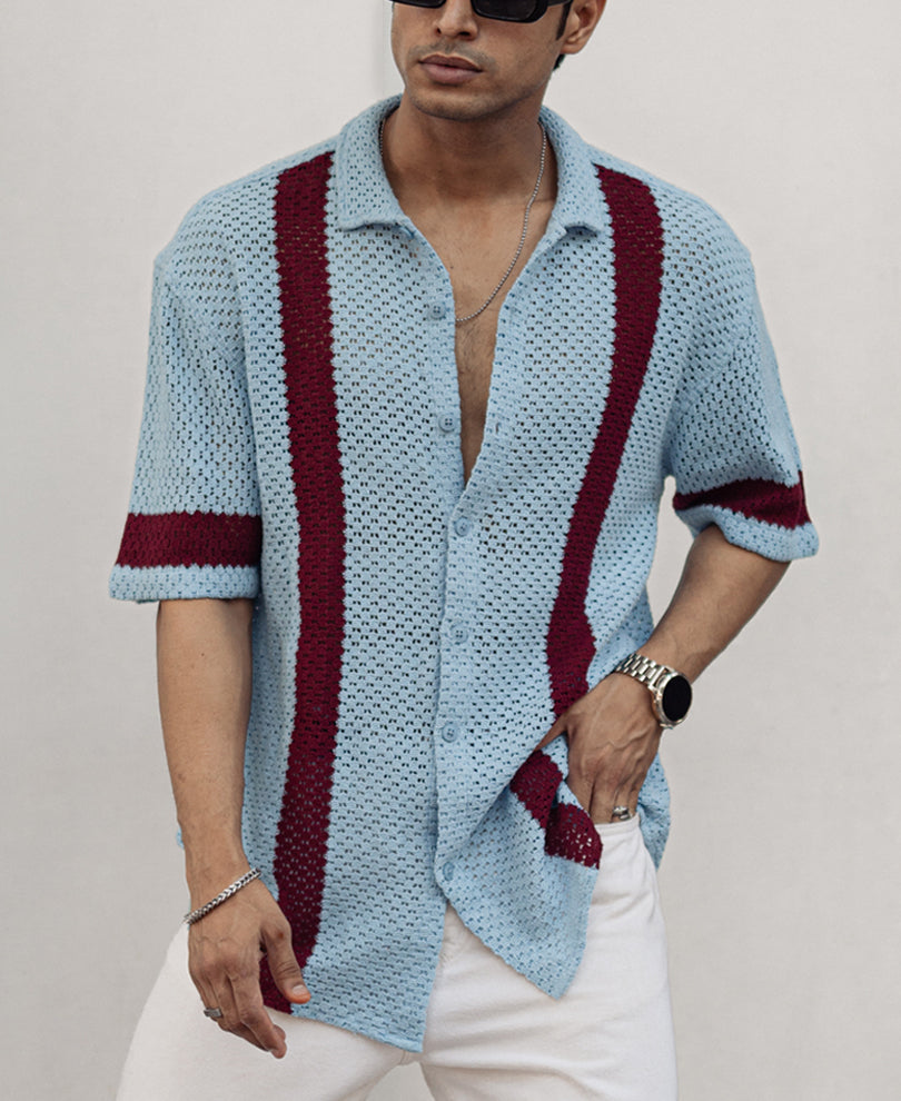 Sky Blue and Maroon Crochet Knit Striped Oversized Shirt