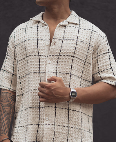 Off White and Black Structured Checks Oversized Shirt