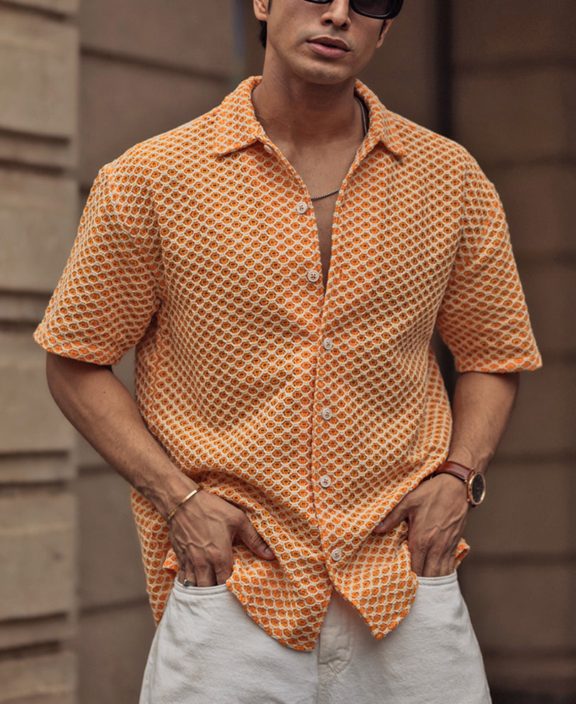 Orange and White Crochet Knit Oversized Shirt.