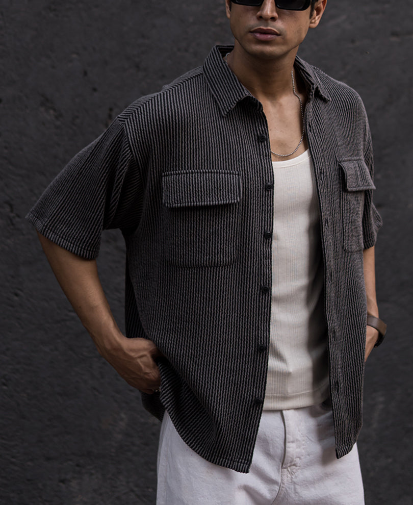 Black Structured Knitted Oversized Half Sleeves Shirt