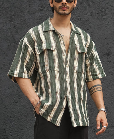 Green and Off White Crochet Striped Oversized Half Sleeves Shirt