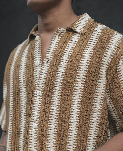 Beige and White Crochet Striped Half Sleeves Shirt