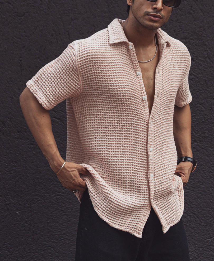Light Pink Regular Fit Waffle Structured Shirt