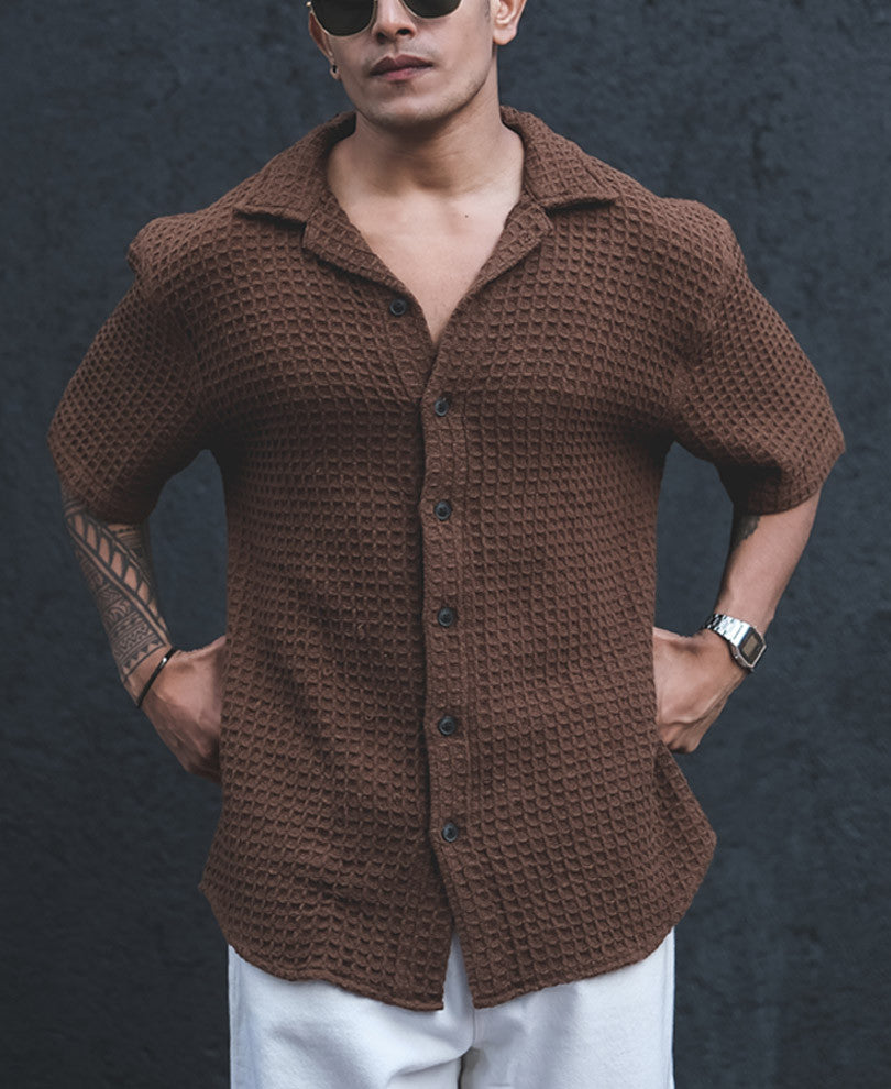 Brown Structured Oversized Half Sleeves Shirt