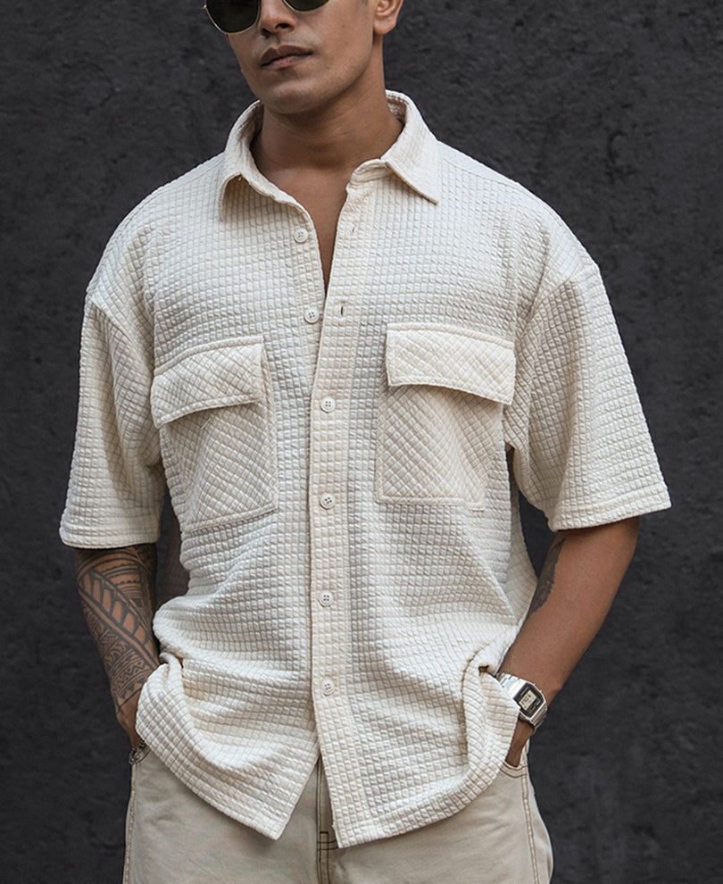 Off White Structured Double Pocket Half Sleeves Shirt