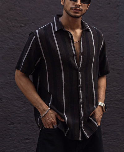 Black and White Striped Regular Fit Half Sleeves Shirt