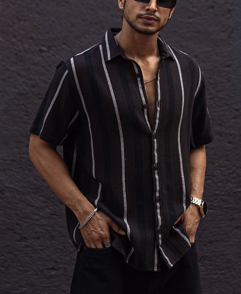 Black and White Striped Regular Fit Half Sleeves Shirt
