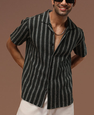 Black and White Structured Striped Half Sleeves Shirt