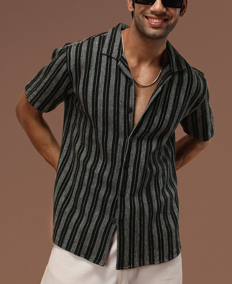 Black and White Structured Striped Half Sleeves Shirt