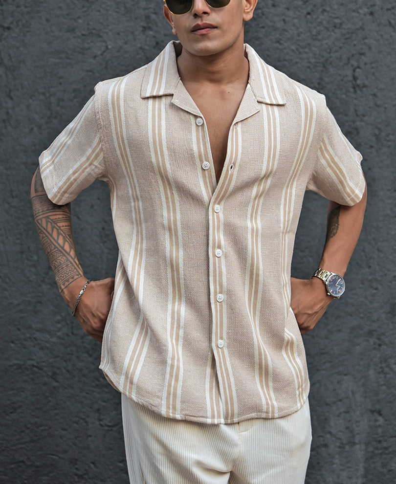 Light Beige Structured Striped Regular Half Sleeves Shirt