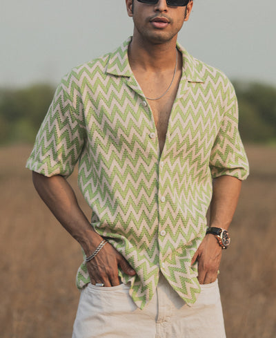 Green and White Oversized Half Sleeves Striped Shirt