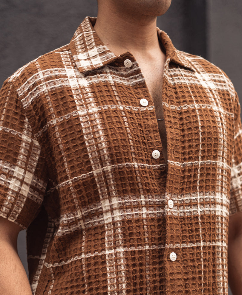Brown Waffle Structured Checks Half Sleeves Shirt