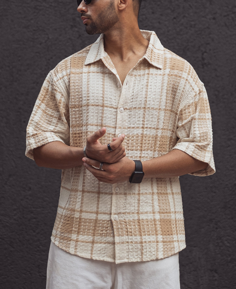 Beige and Off White Waffle Oversized Checks Half Sleeves Shirt