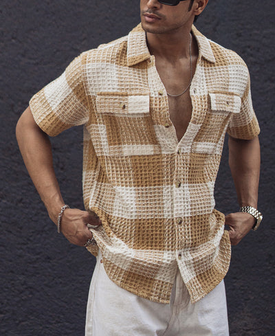 Beige and Off White Structured Checked Oversized Half Sleeves Shirt