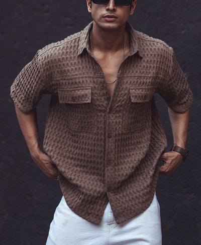 Brown Structured Oversized Double Pocket Half Sleeves Shirt