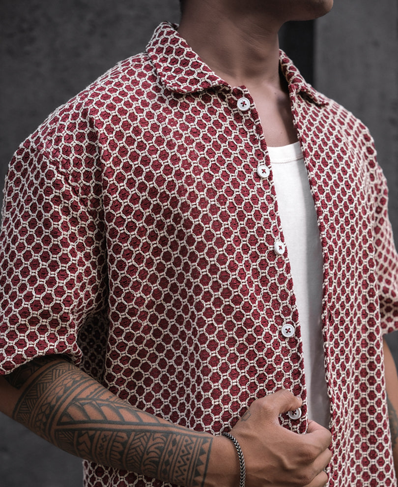 Maroon Structured Oversized Half Sleeves Shirt