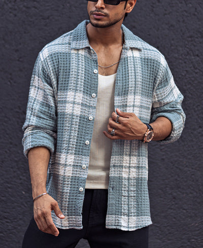 Sky Grey Waffle Checked Regular fit Full Sleeves Shirt