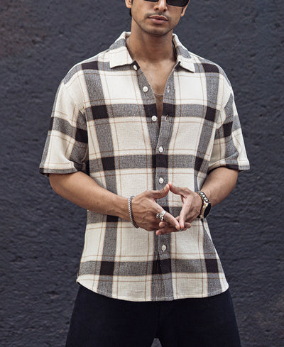 Off White and Brown Structured Oversized Checked Shirt