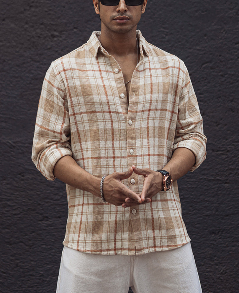 Beige and White Checks Regular Full Sleeves Shirt