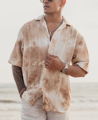 Beige Oversized Tie-dye Structured Half Sleeves Shirt