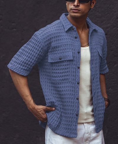 Blue Structured Regular Half Sleeves Shirt