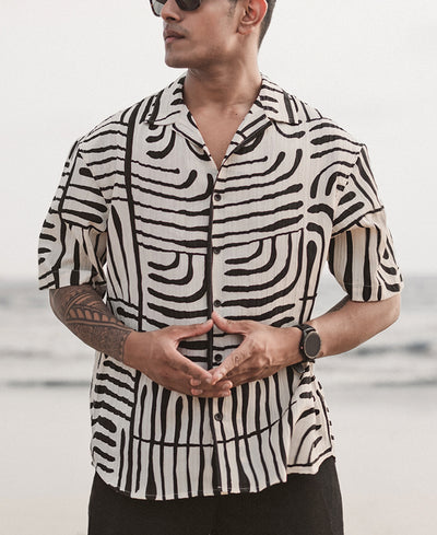 Off White and Black Printed Oversized Half Sleeves Shirt
