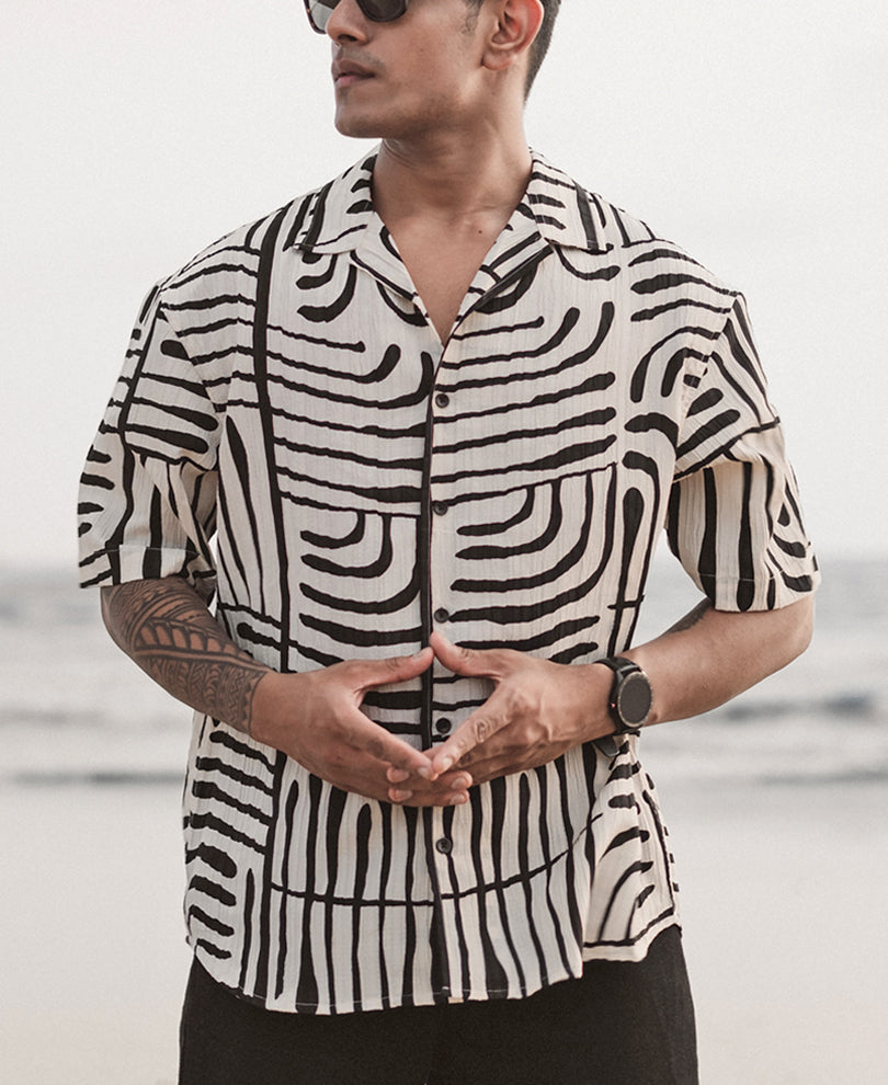 Off White and Black Printed Oversized Half Sleeves Shirt