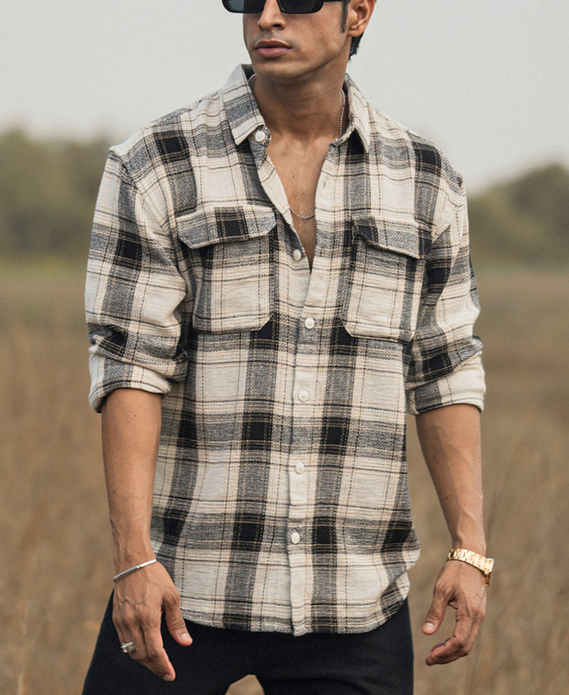 Checked Shirts- Cream Flannel Checked Print Oversized Shirts
