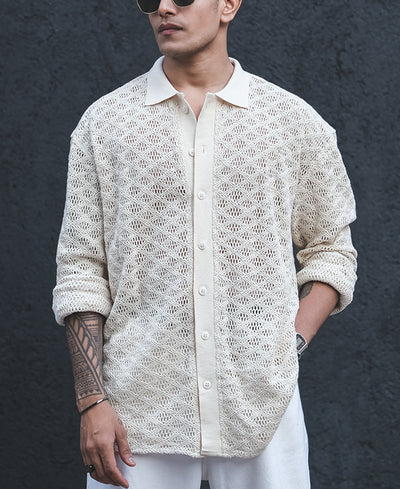Cream Crochet Knit Oversized Full Sleeves Shirt
