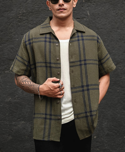 Olive Green Structured Checks Half Sleeves Shirt