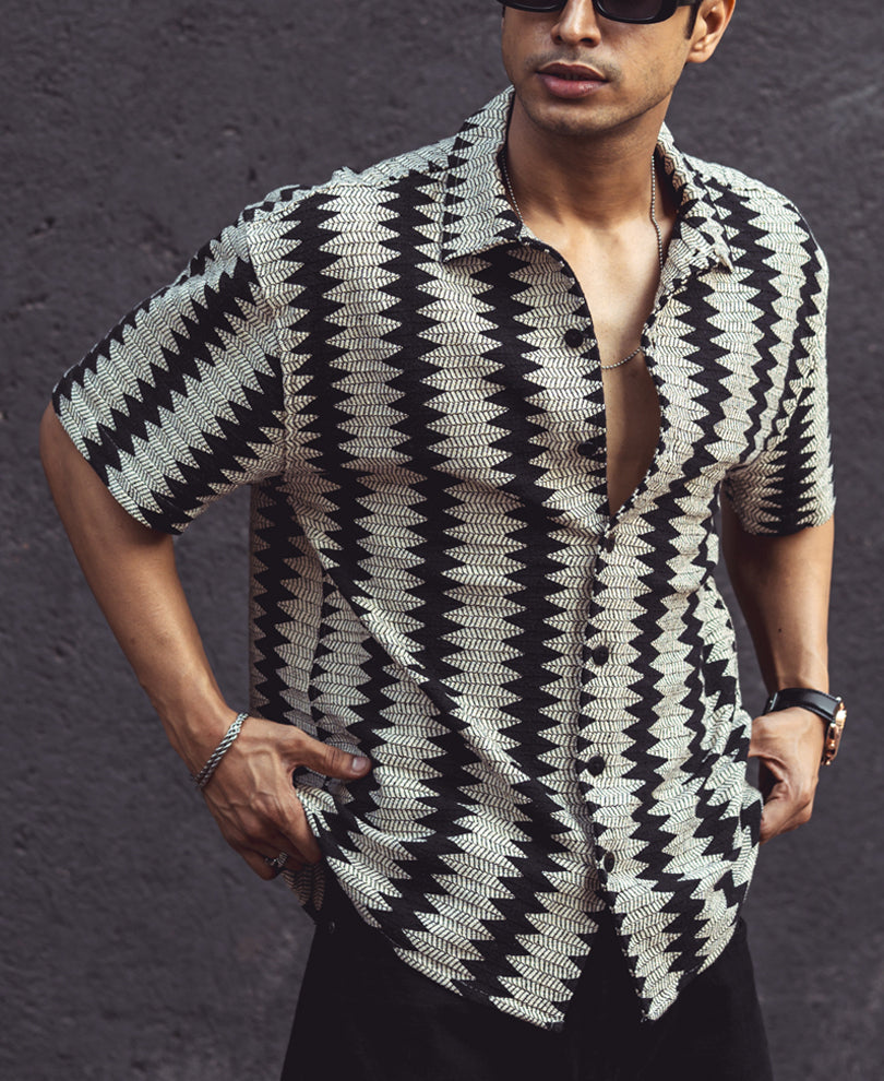 Black and White Structured Oversized Half Sleeves Shirt