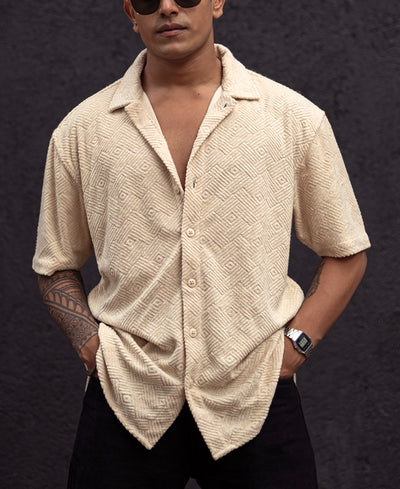 Cream Structured Jacquard Oversized Half Sleeves Shirt