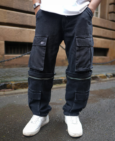 Black Baggy Fit Denim Cargo Jeans with Knee Zipper