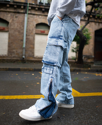 Ice Blue Baggy Fit Cargo Pocket Denim Jeans