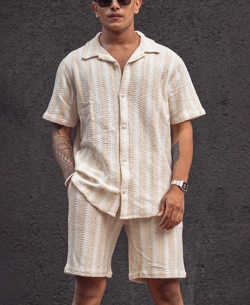 Off White and Beige Striped Shirt and Shorts Set