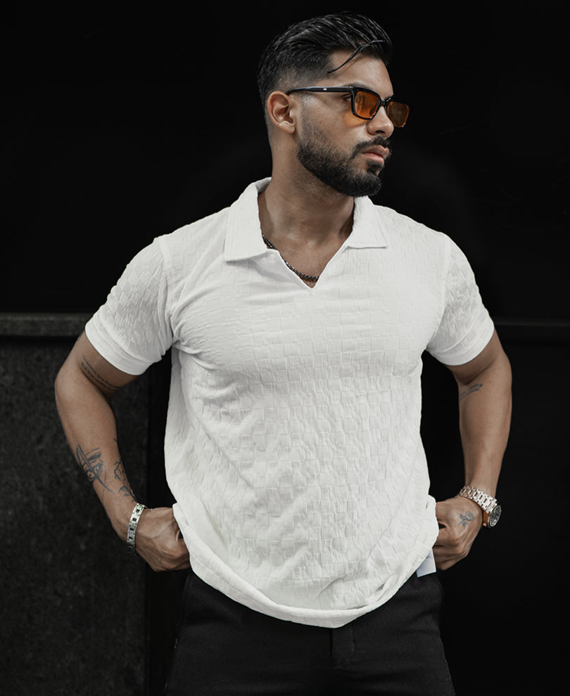 White Structured V Neck Regular Half Sleeves T Shirt