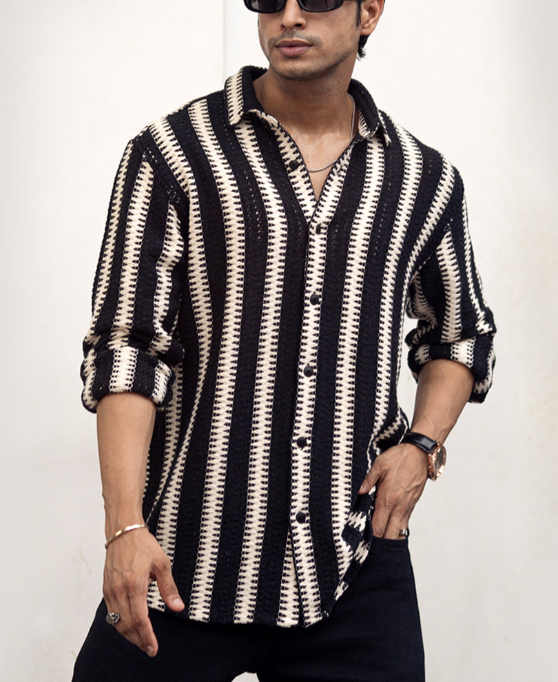 Black And White Striped Regular Fit Crochet Full Sleeves Shirt