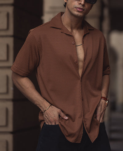 Brown Structured Plain Regular Fit Half Sleeve Cuban Collar Shirt